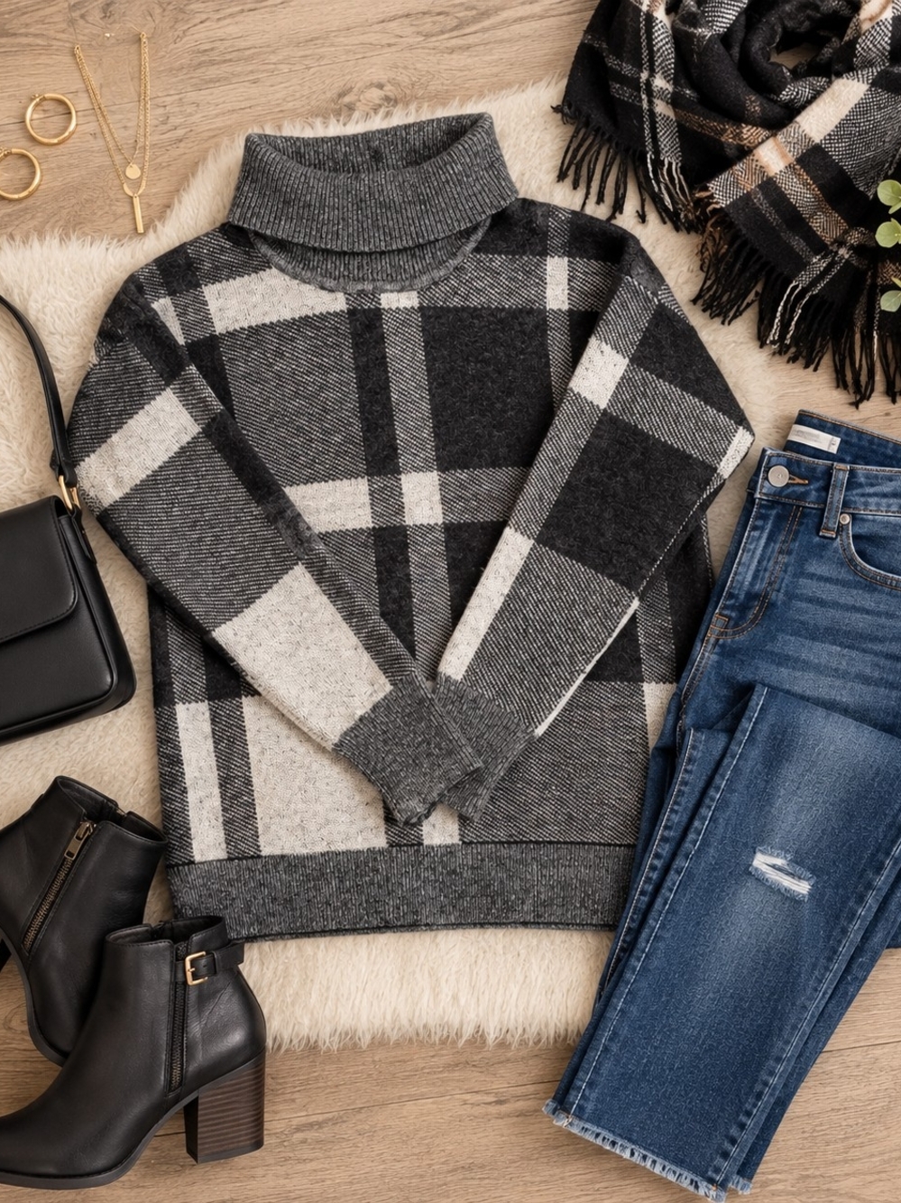 Banana Republic Black and Gray Plaid Turtleneck Sweater
